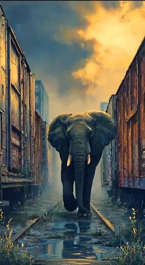 Elefante tra vecchi vagoni merci sotto un cielo dorato