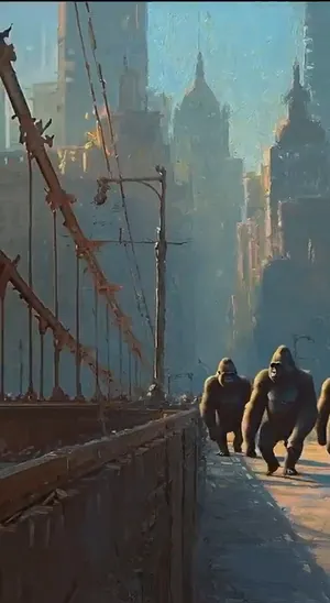 Due gorilla su un ponte sopra una città silenziosa
