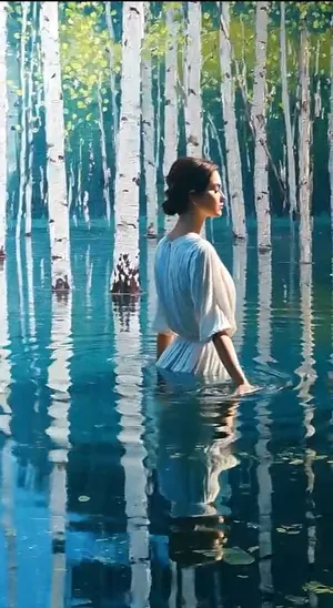 Donna nell’acqua di un bosco di betulle