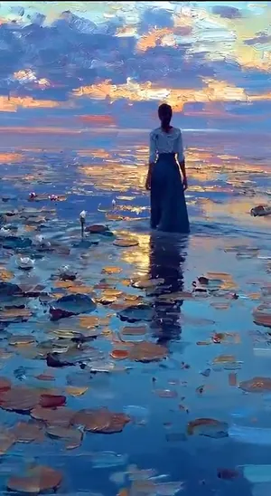 Donna nell’acqua bassa tra foglie di ninfea, cielo serale