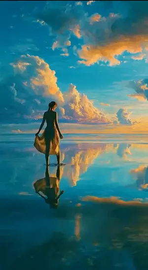 Donna in abito dorato su acqua immobile al tramonto