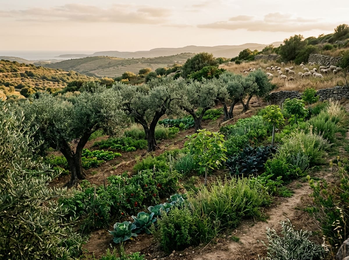 Olive grove with rows of vegetables and fodder between the trees