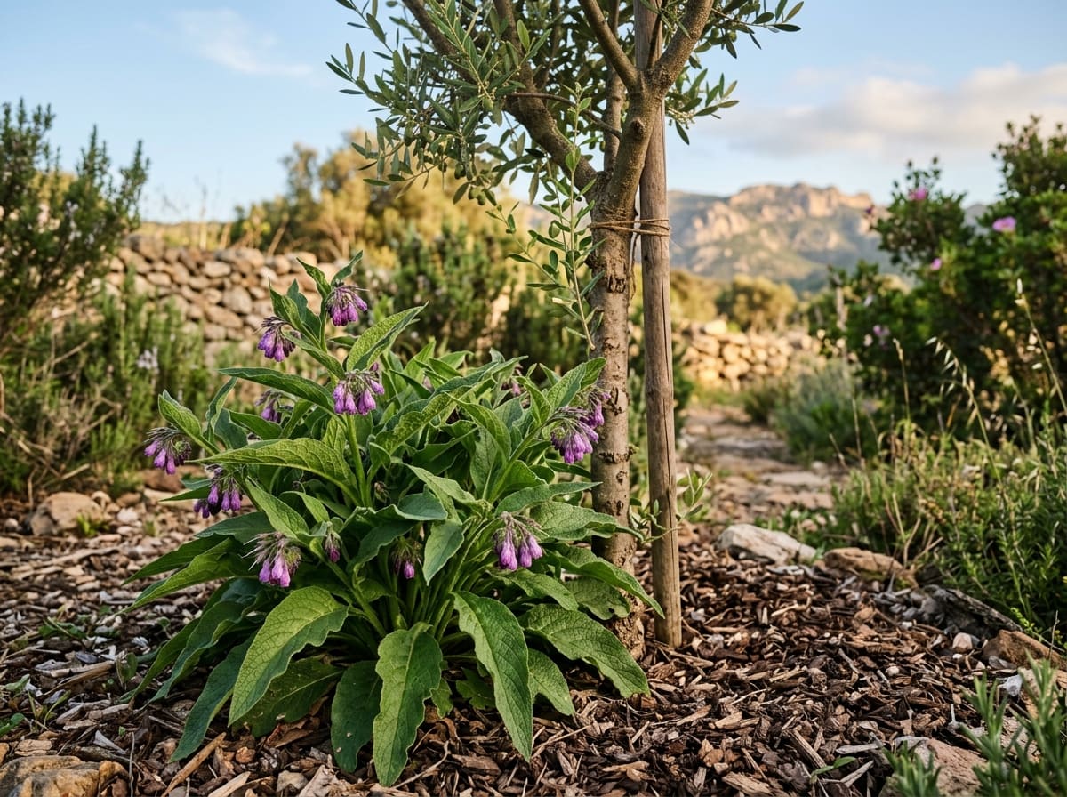 Large comfrey with purple flowers at the foot of a young fruit tree