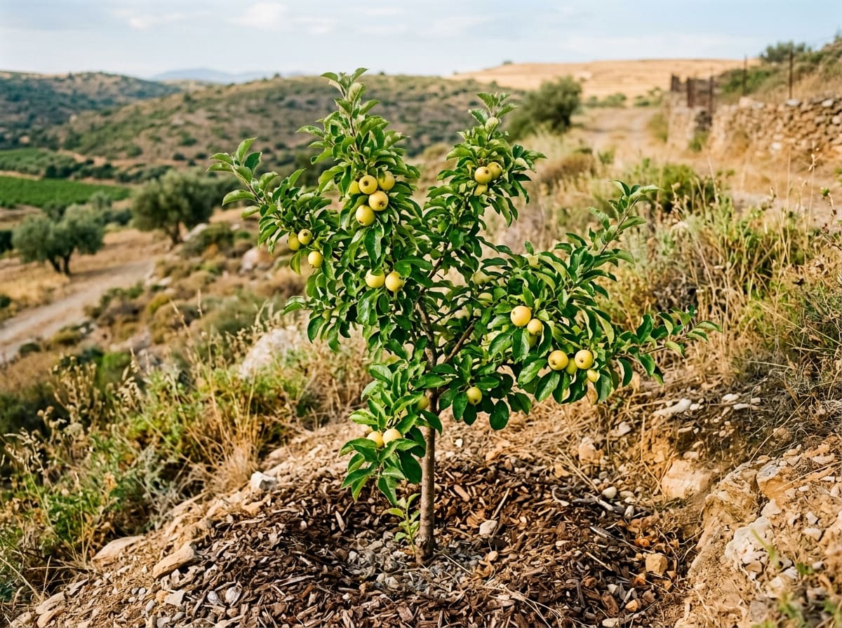 Small apple tree with yellow-green fruit in a mulched bed on a dry slope