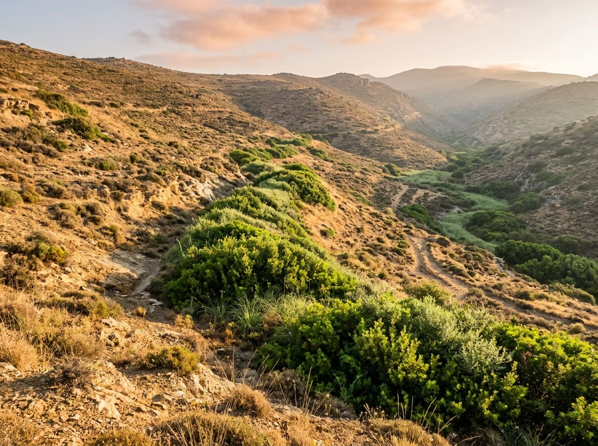 A green band of shrubs follows a moist channel across a dry Mediterranean hillside at dawn