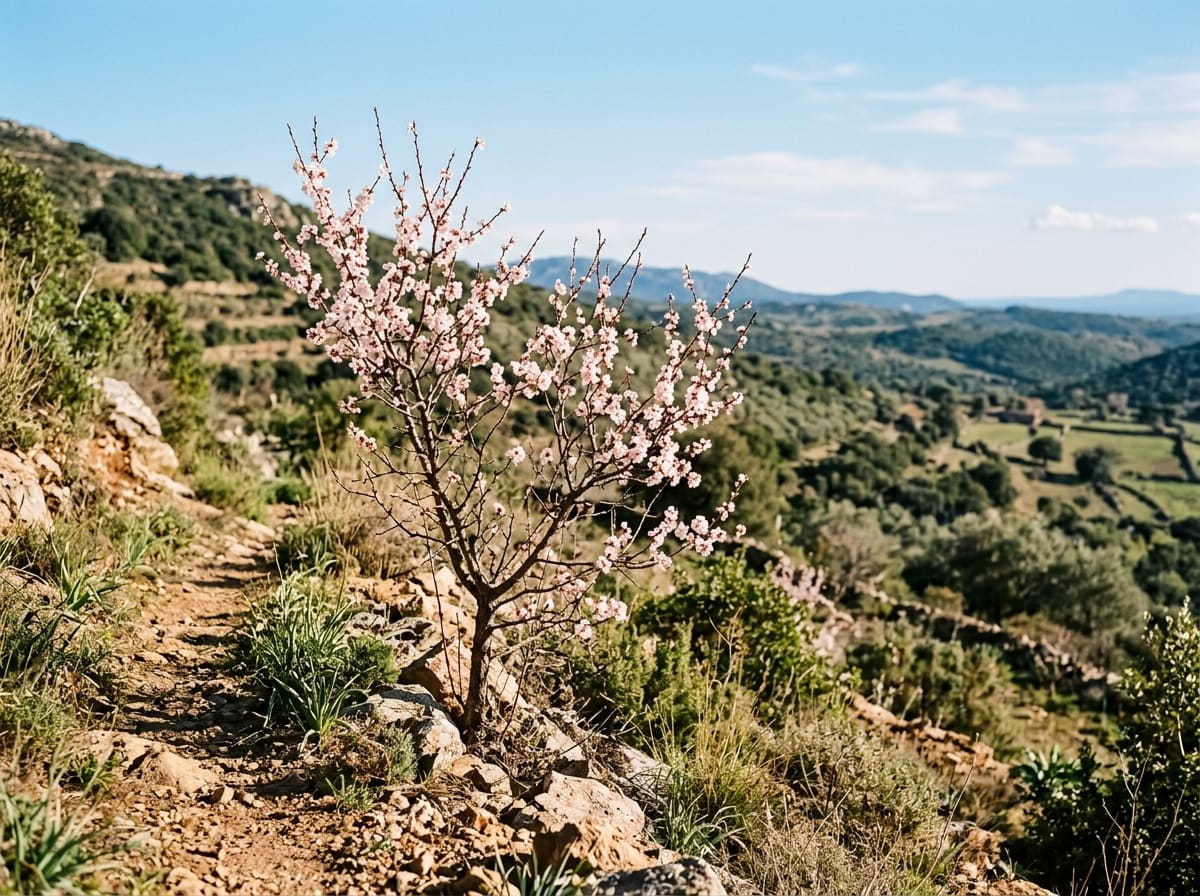 Small apricot tree in pale pink blossom on bare branches on a sunny slope