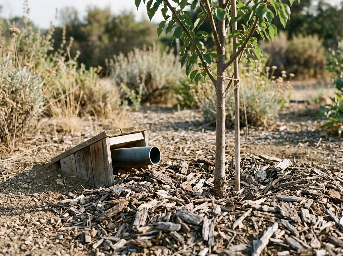 A greywater outlet ending in a mulch basin at the foot of a young fruit tree