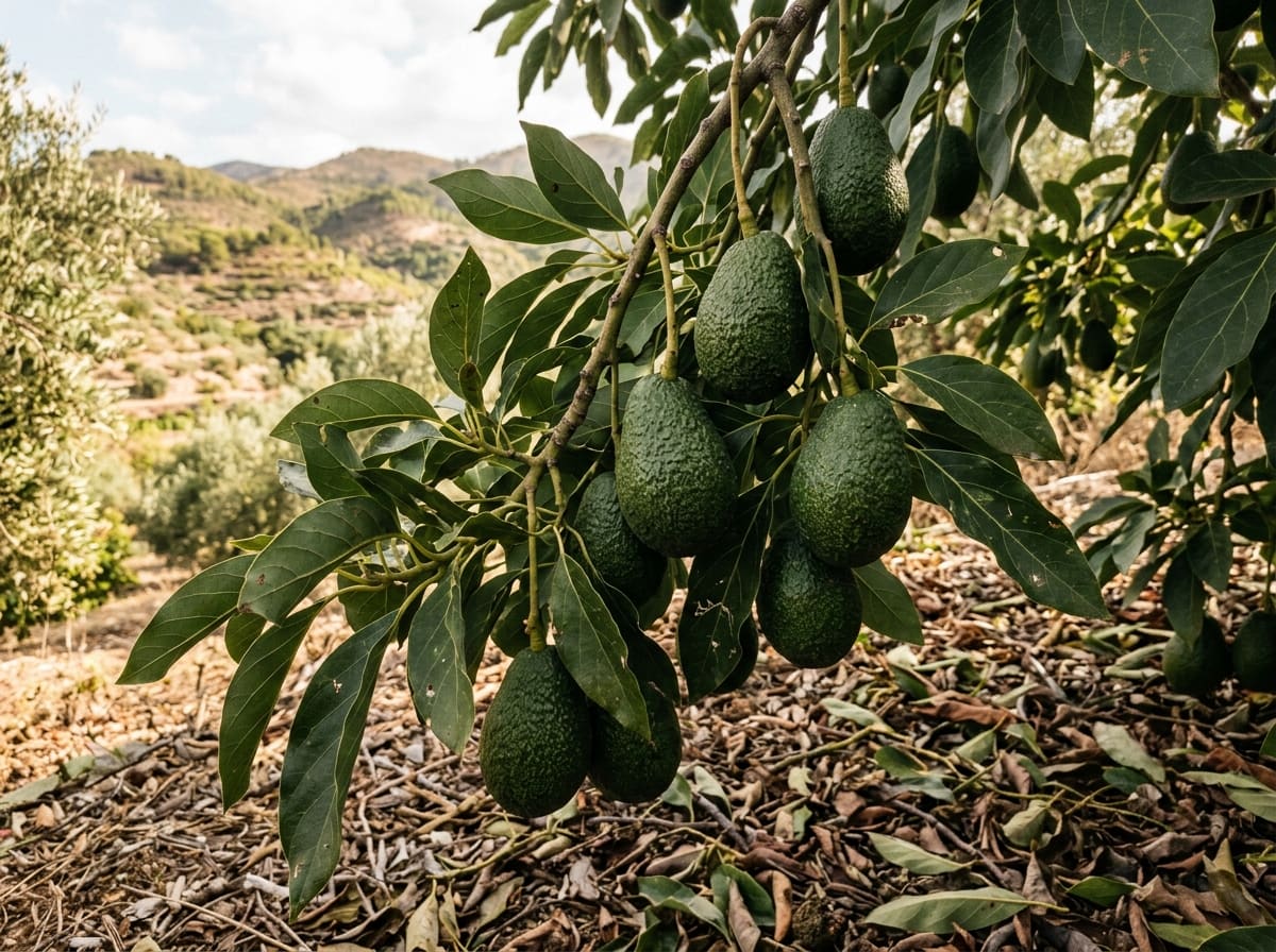 Avocado branch with leathery leaves and pear-shaped fruit above thick leaf litter