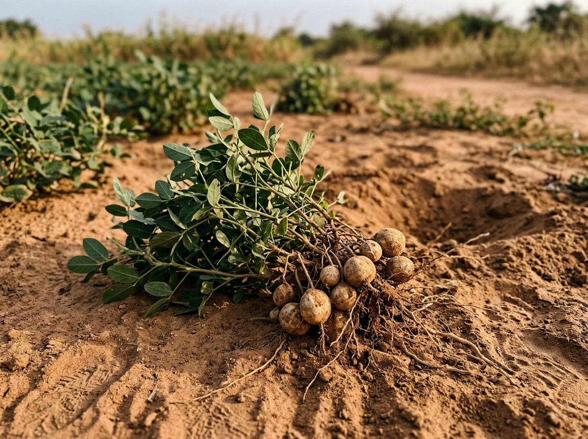 Lifted Bambara groundnut plant with round pods at its base on sandy soil