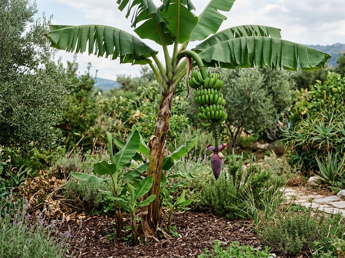 Banana plant in a mulched garden, the bunch hanging from the leaf crown, with a purple flower bud