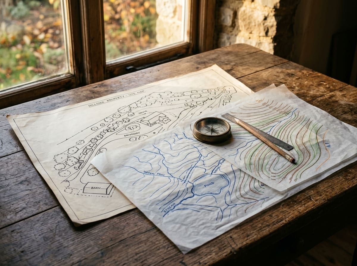 Site base map with stacked tracing paper overlays for water and contour lines, a compass and pencil on top
