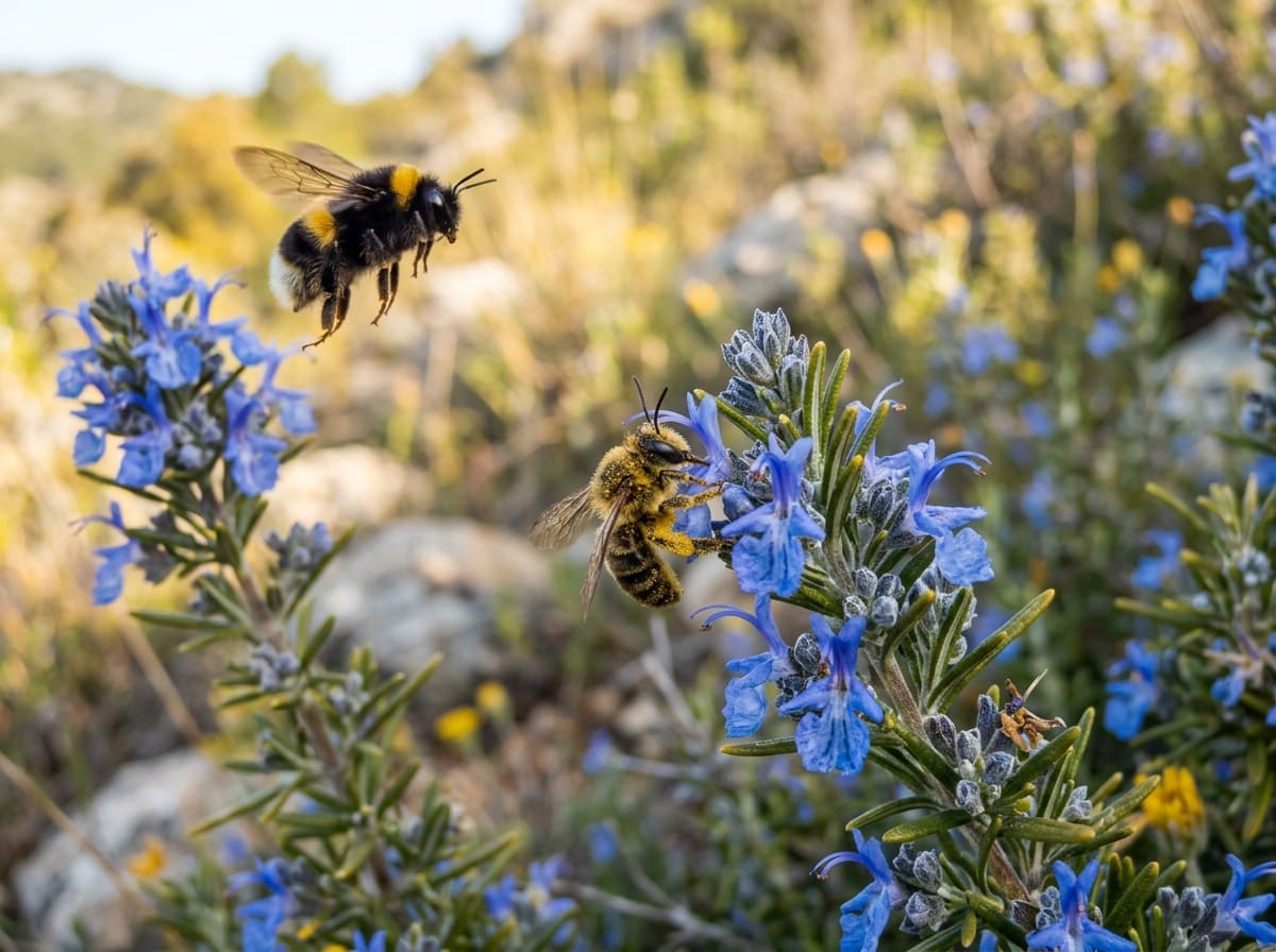 A bee on a blue rosemary flower, a bumblebee approaching nearby