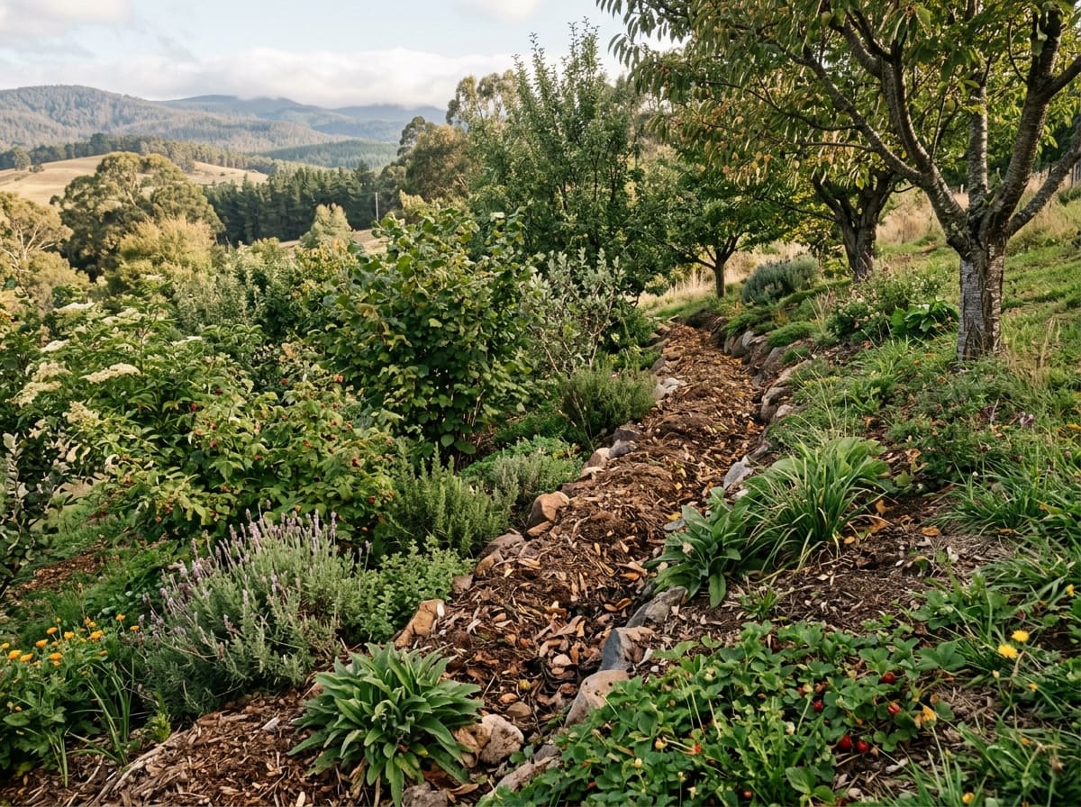 Layered food forest on a slope with a swale along the contour