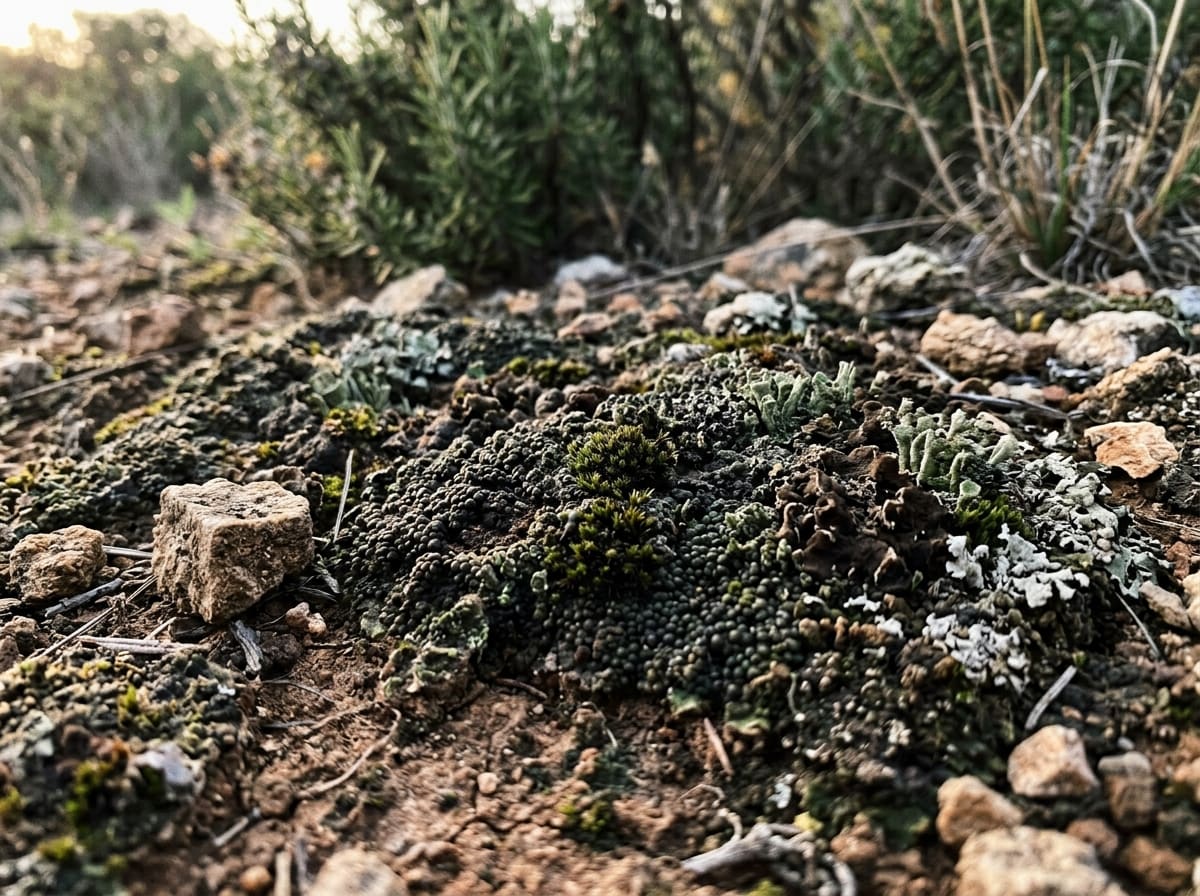 A dark biological soil crust of lichens and mosses on dry ground between shrubs