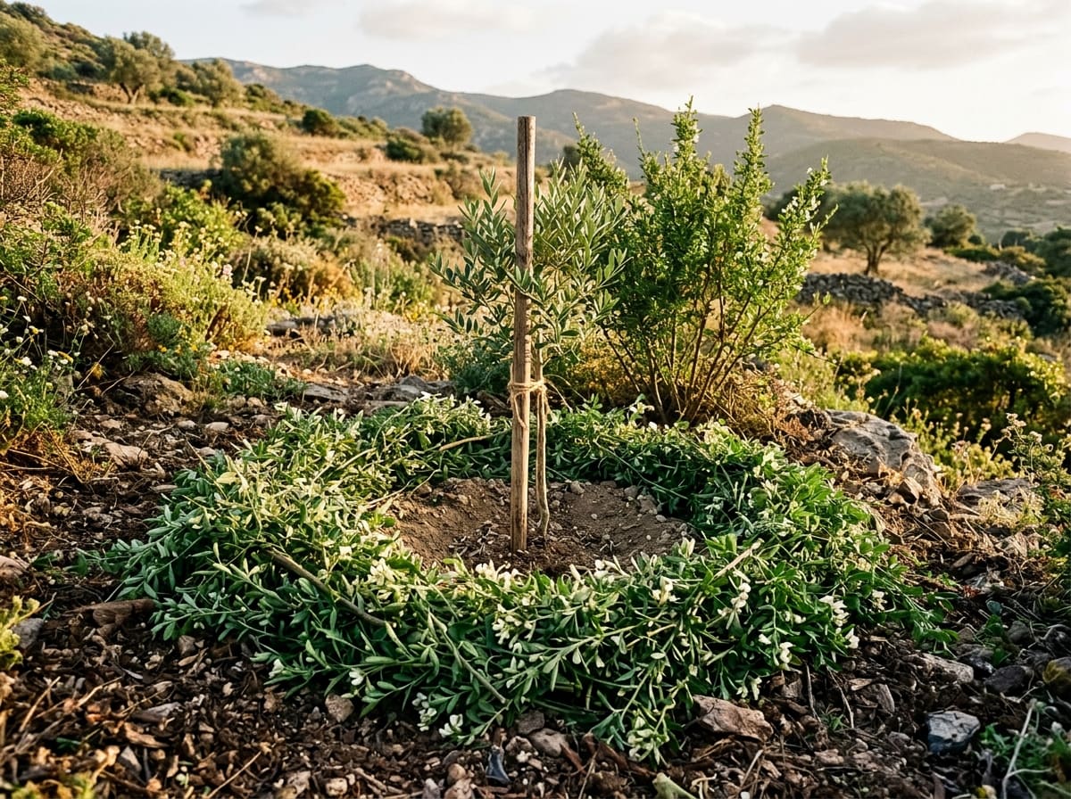 Freshly cut branches of a support shrub laid as a mulch ring around a young fruit tree, the trunk kept free