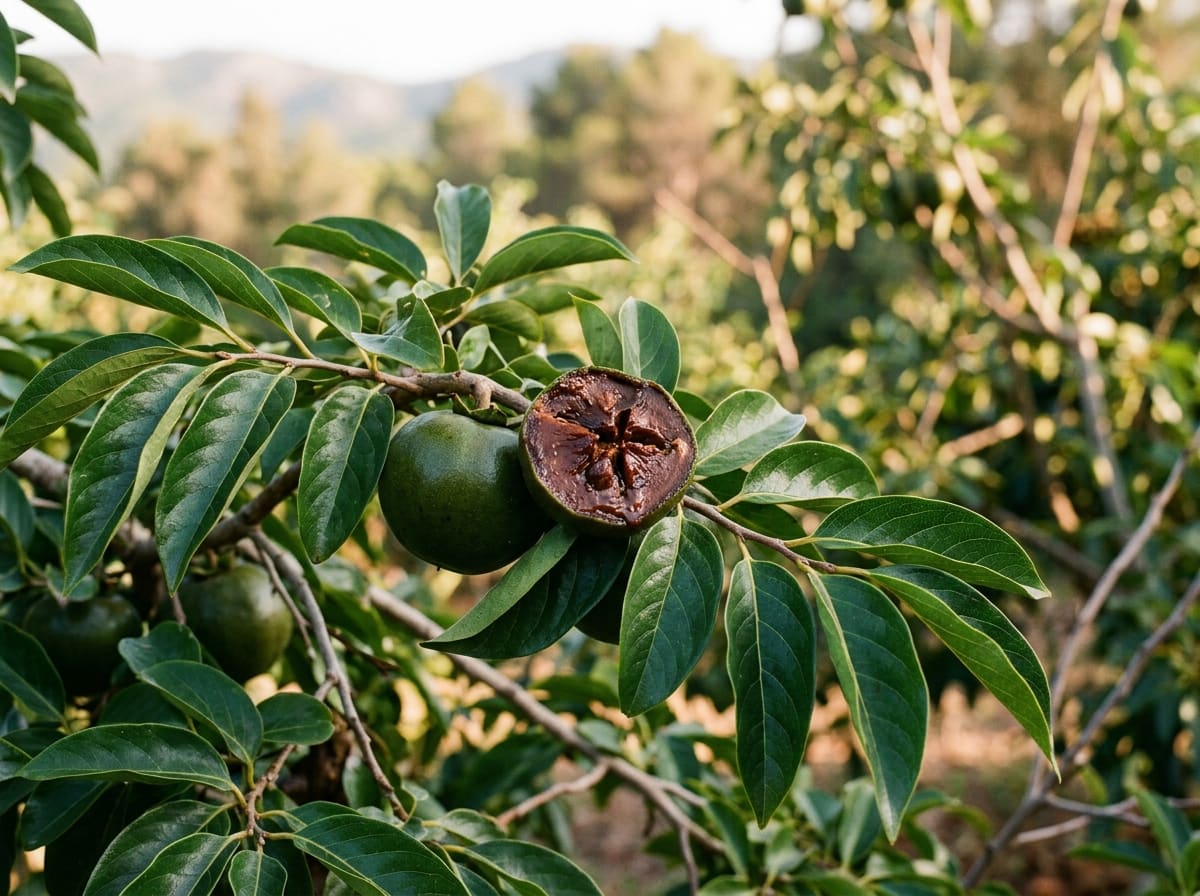 Black sapote branch with green fruits, one cut open to show dark brown flesh