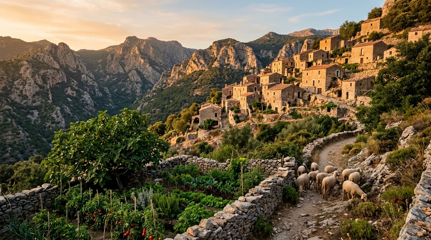 Un paese di pietra su un pendio ripido nelle montagne della Sardegna orientale la sera, un orto con un fico e pecore su un sentiero
