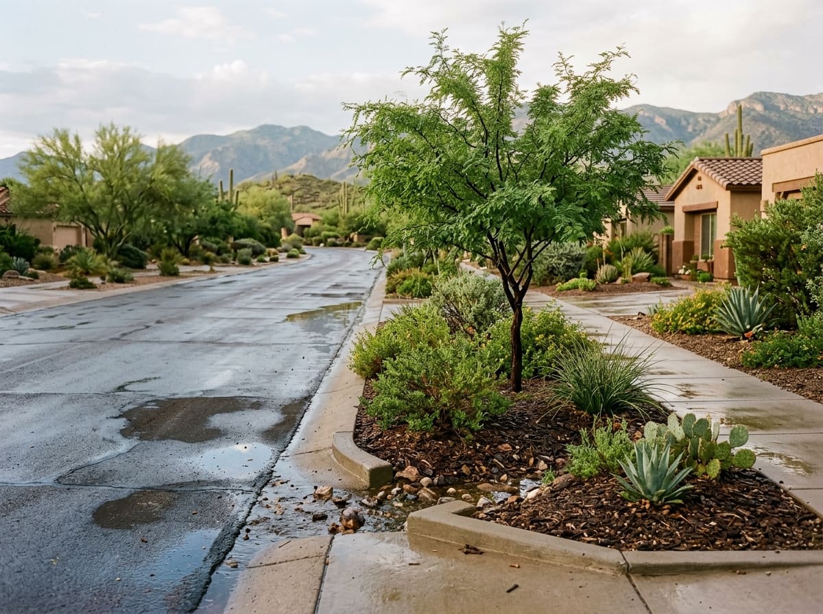 A curb cut leading street runoff into a mulched basin beneath a desert tree
