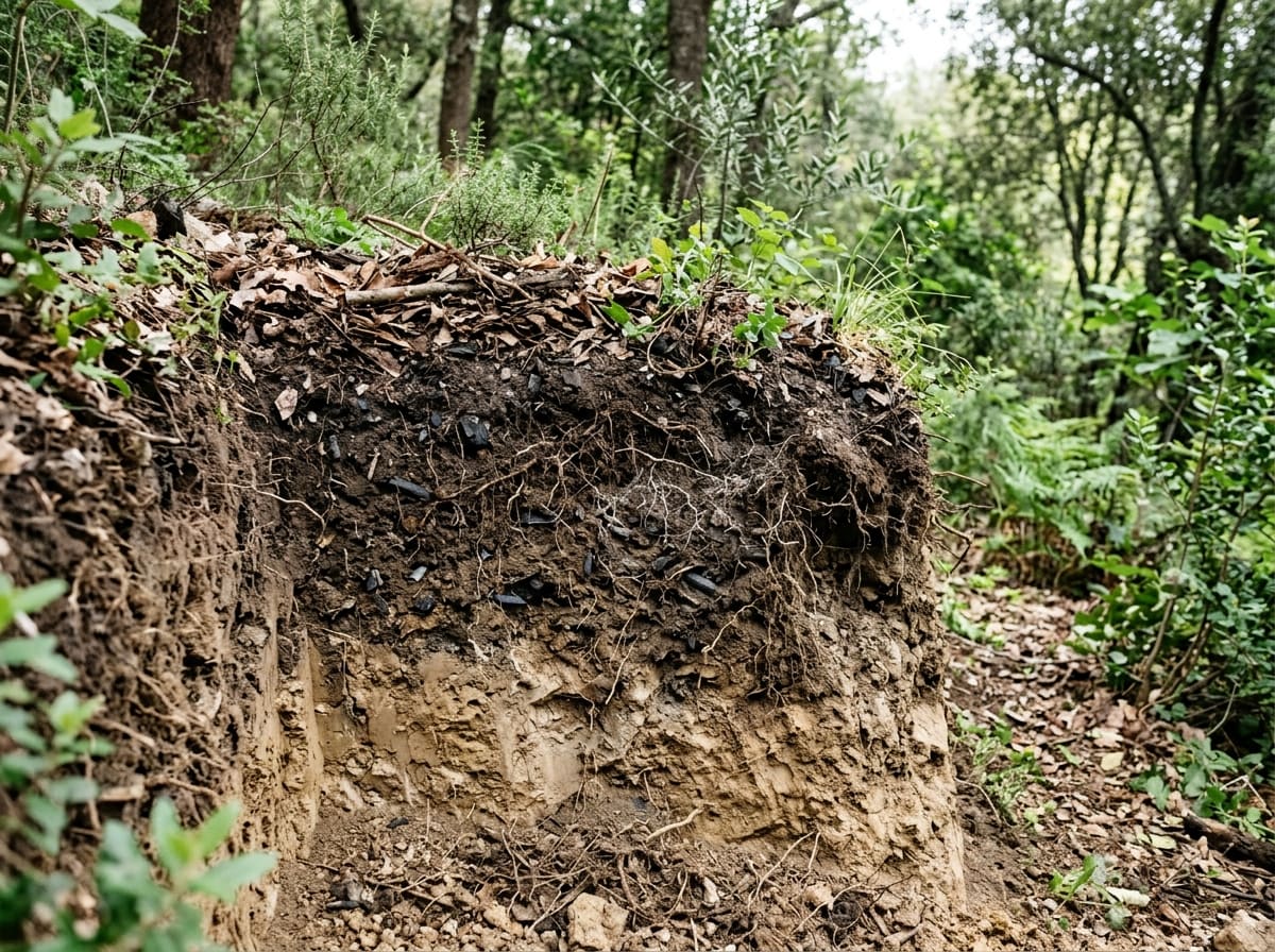 Soil profile under Mediterranean woodland: a dark, humus-rich layer full of roots, fungal threads and bits of charcoal above lighter subsoil