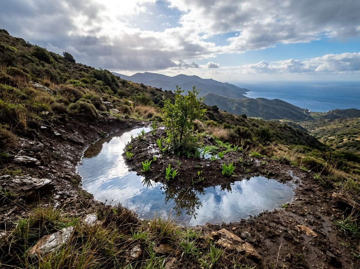 After an autumn storm, a ring of clear rainwater stands around a young tree on a small mound on a dry Mediterranean slope