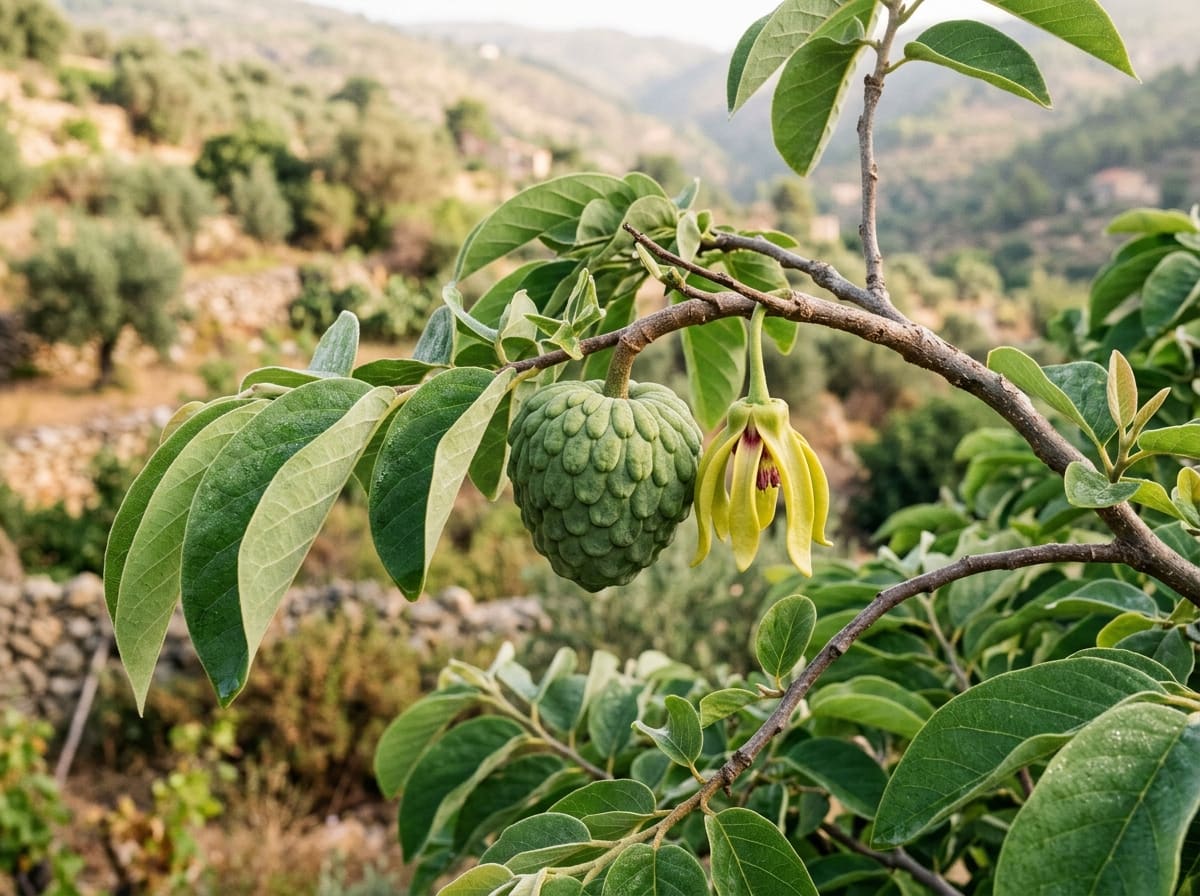 Cherimoya branch with a heart-shaped, scale-patterned fruit and a hanging flower with fleshy petals
