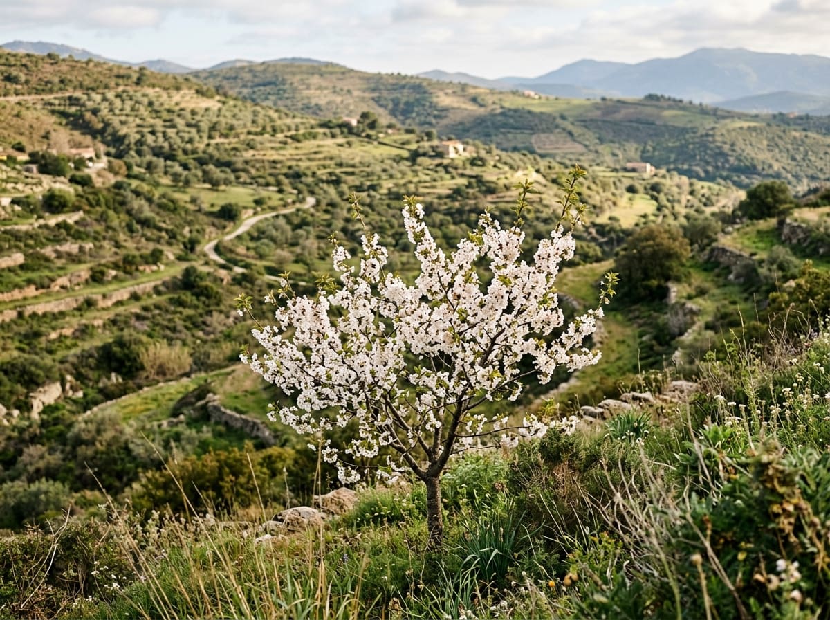 Young cherry tree in full white blossom on a slope