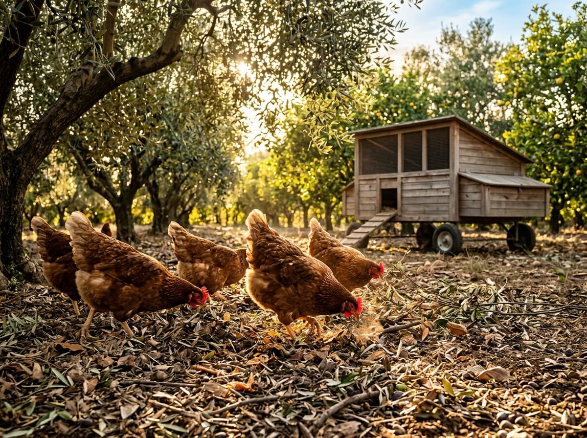 Hens scratching through leaf litter beneath fruit trees, a henhouse on wheels behind them