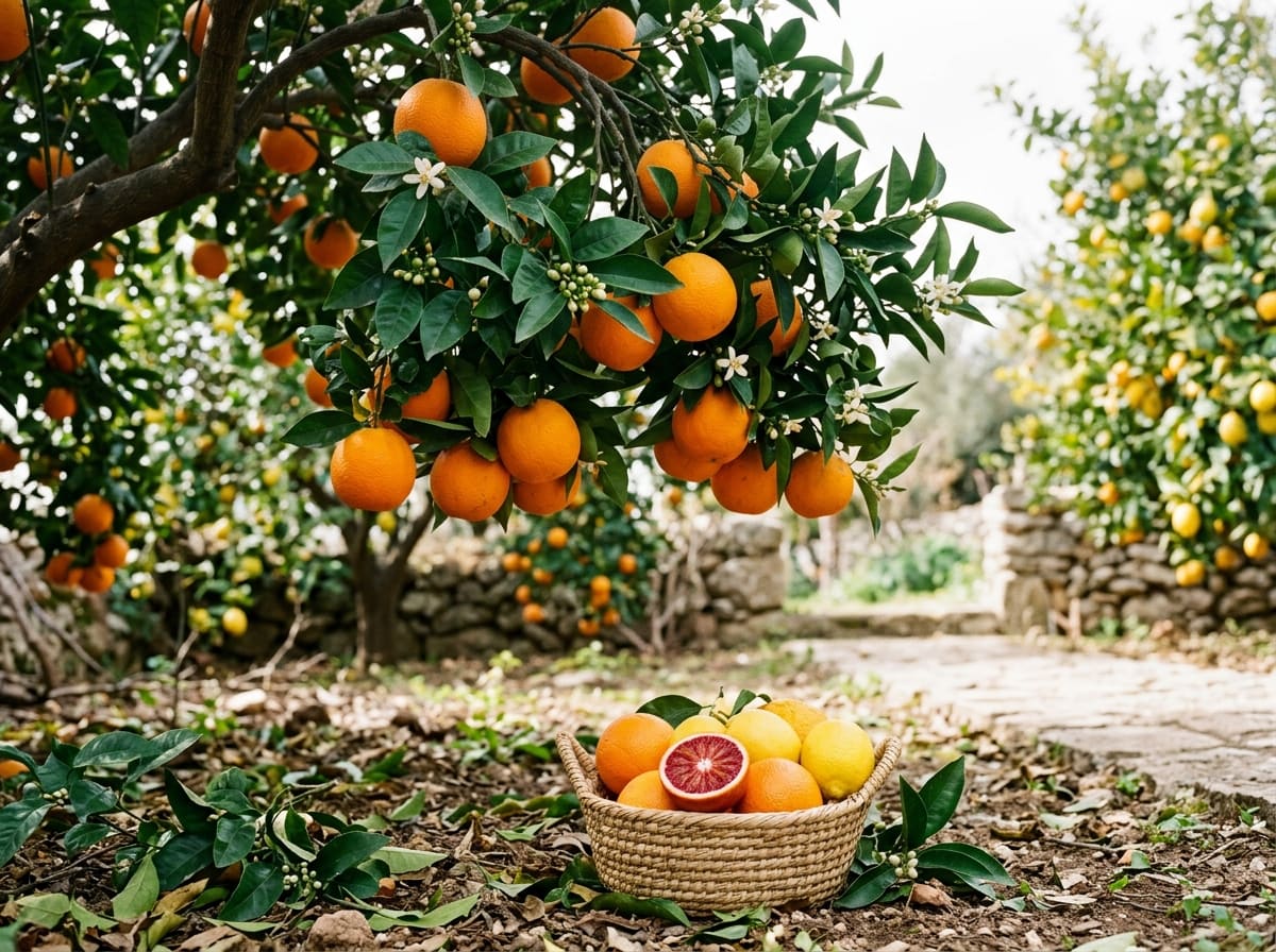 Orange tree full of ripe fruit, below it a basket with oranges, lemons and a halved blood orange