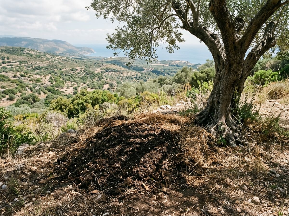 Dark, mature compost in the half shade of an olive tree, partly covered with straw, on a dry Mediterranean slope