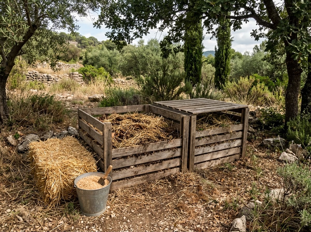 Two wooden compost bins in the shade of trees at the edge of a dry garden, with straw and a bucket of sawdust as cover material beside them