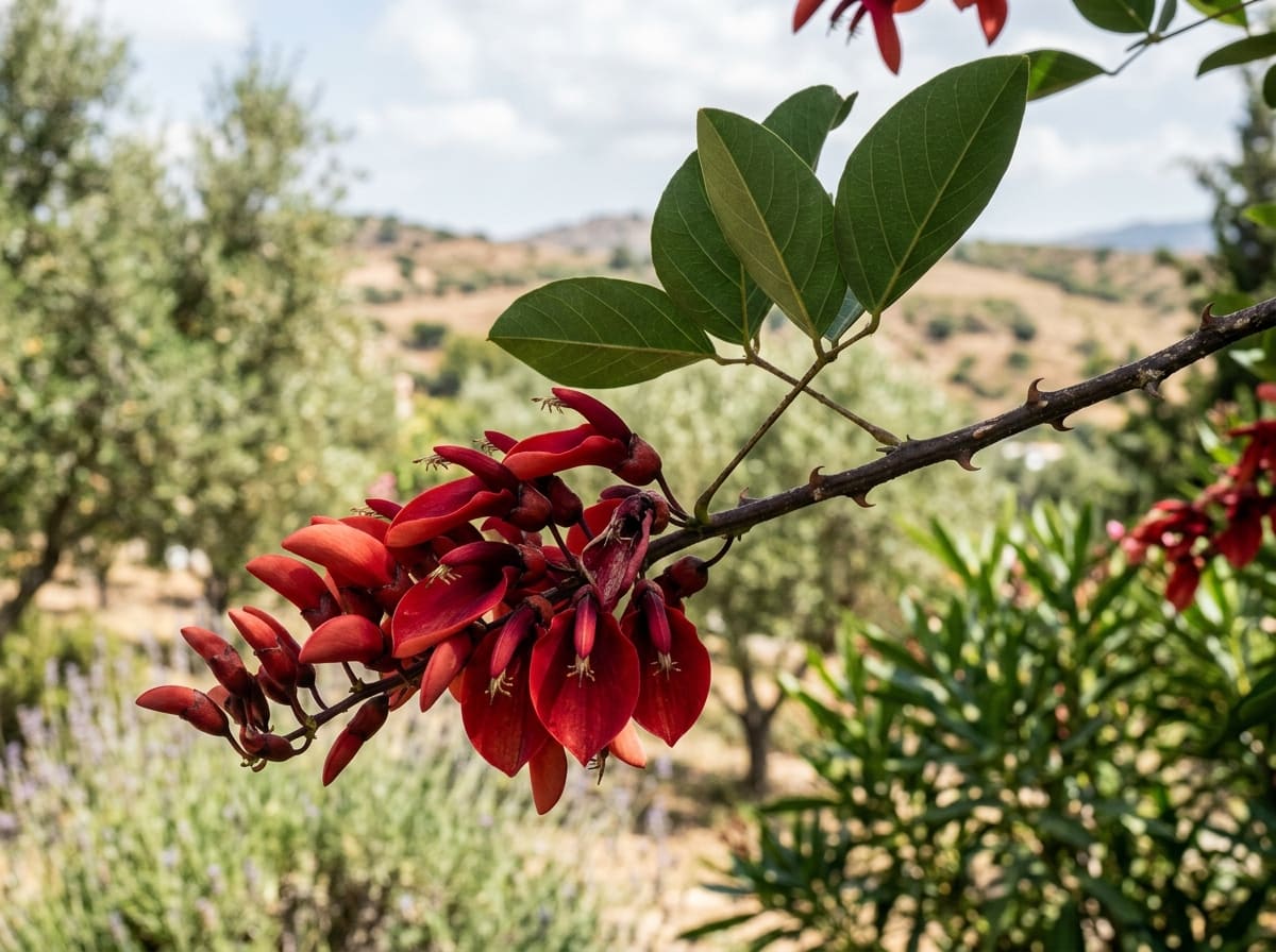 Coral tree branch with trifoliate leaves and a cluster of fleshy scarlet flowers
