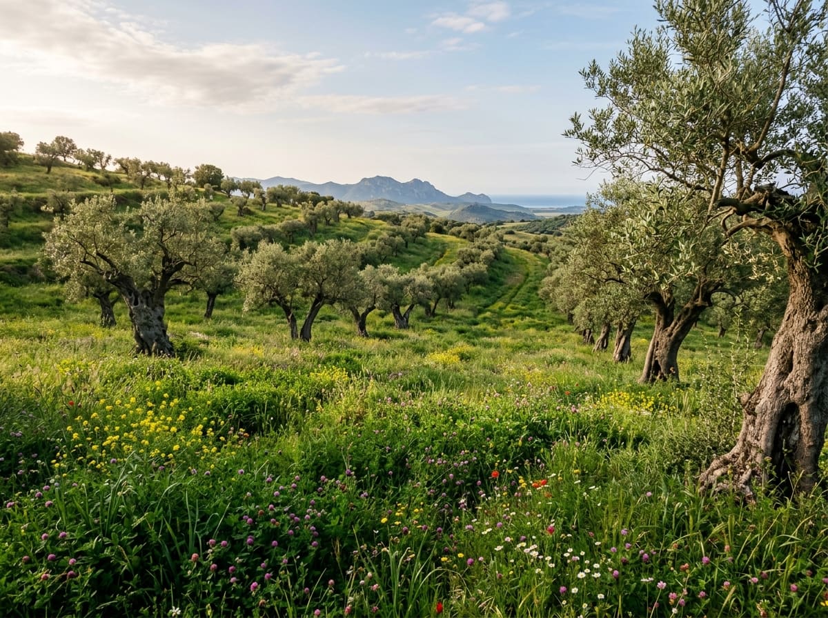 An old olive grove on a slope in spring, the ground between the trees fully covered with grasses, clover and wildflowers