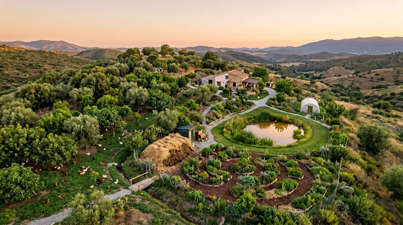 Aerial view of a Mediterranean permaculture smallholding at golden hour: a house, a pond, round keyhole beds, a straw-covered compost heap, chickens under fruit trees and a food forest, all linked by paths