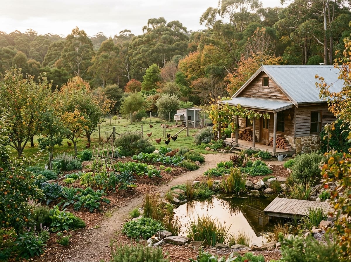 Small permaculture homestead with fruit trees, vegetable beds and a pond