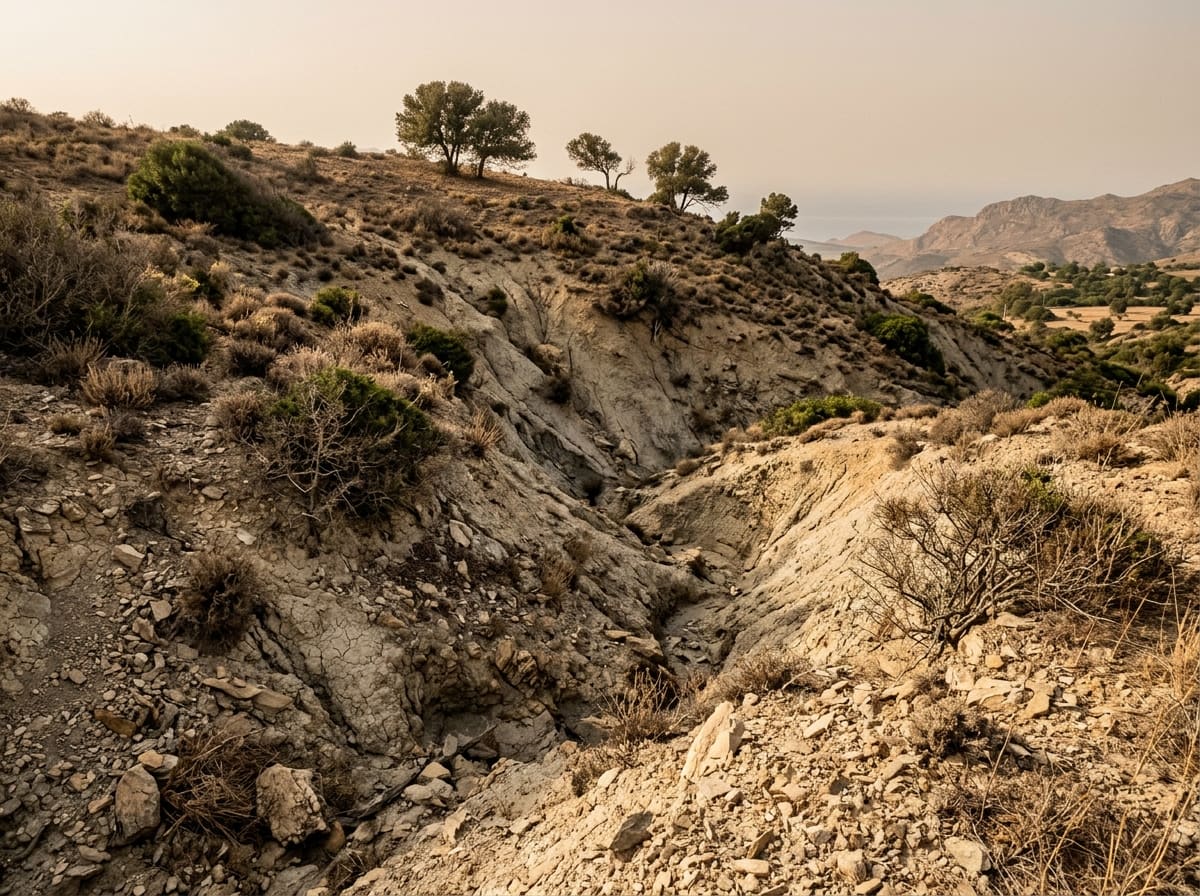 Degraded slope with cracked soil and erosion gullies