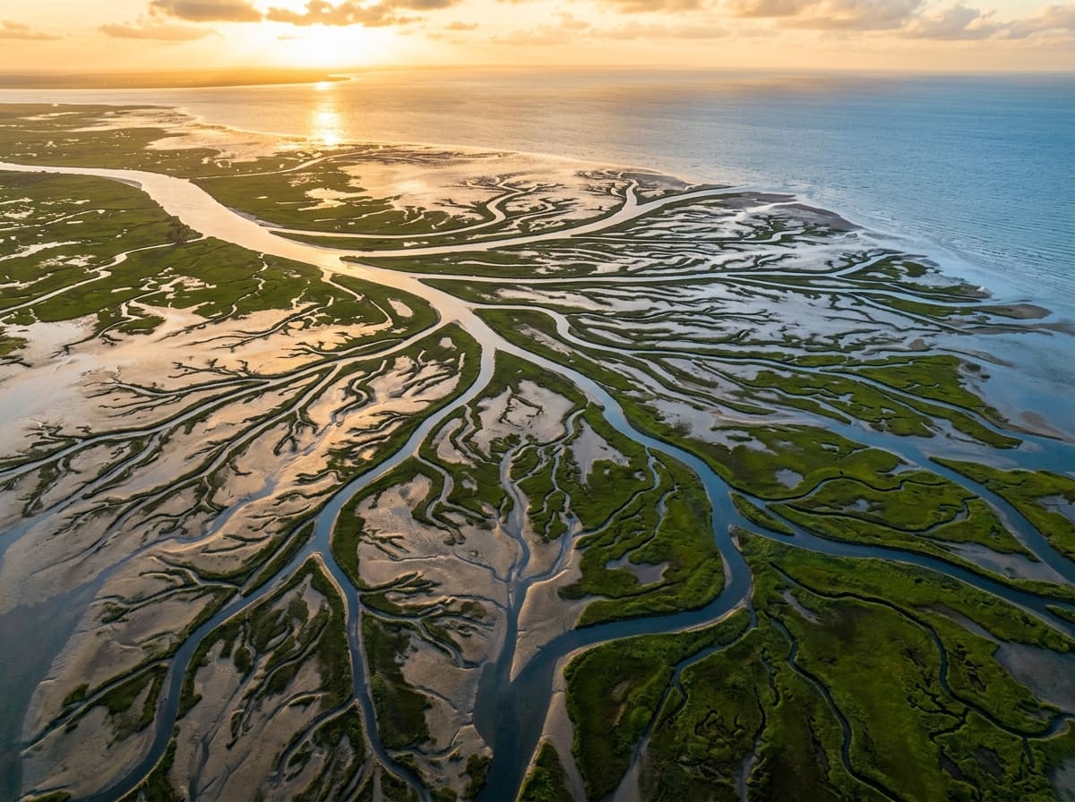 A river delta from above at sunset, its channels branching like a tree across wet sand and marsh