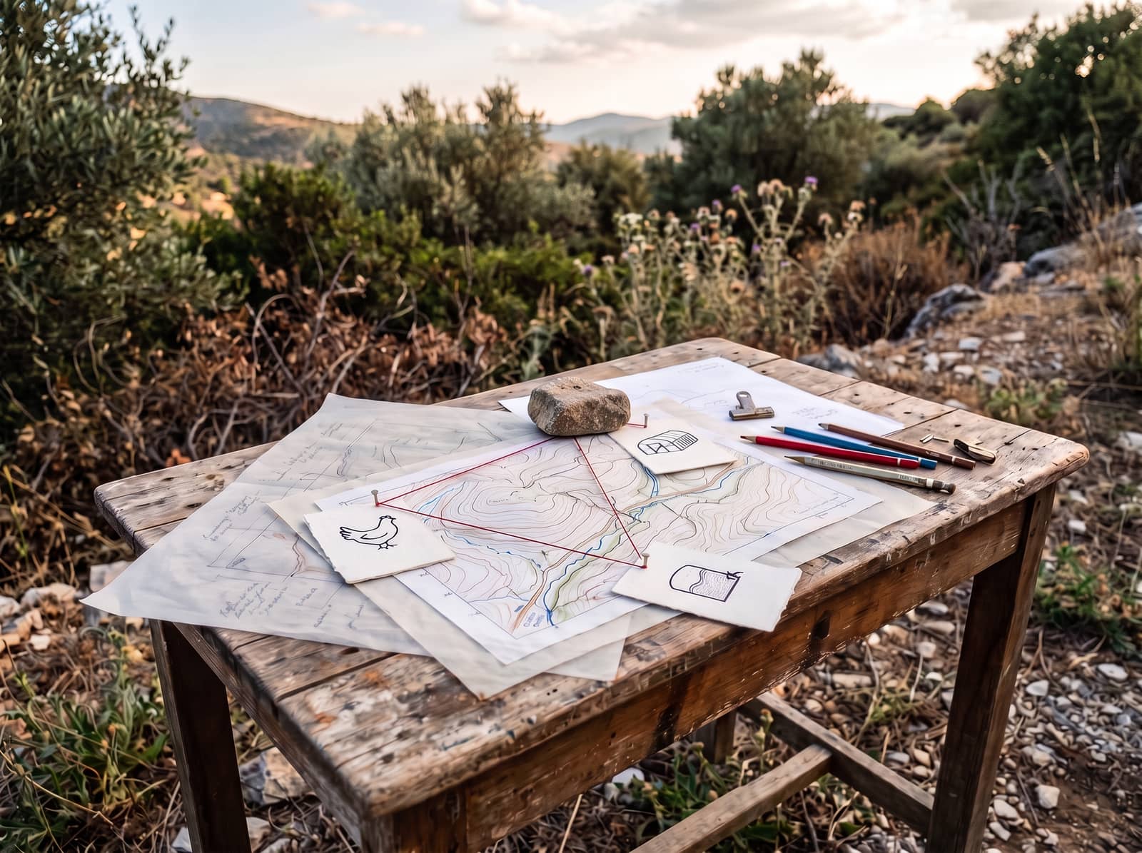 Old wooden table on a Mediterranean hillside with tracing paper over a contour map, three drawn cards of a hen, a greenhouse and a water tank linked by red thread