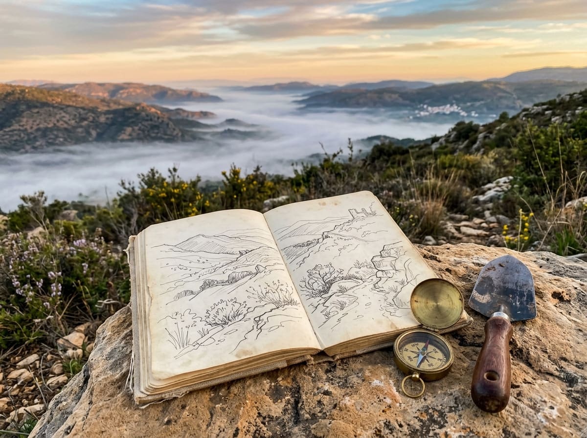 Notebook with landscape sketches, compass and trowel on a stone at the edge of a hillside at dawn, mist in the valley