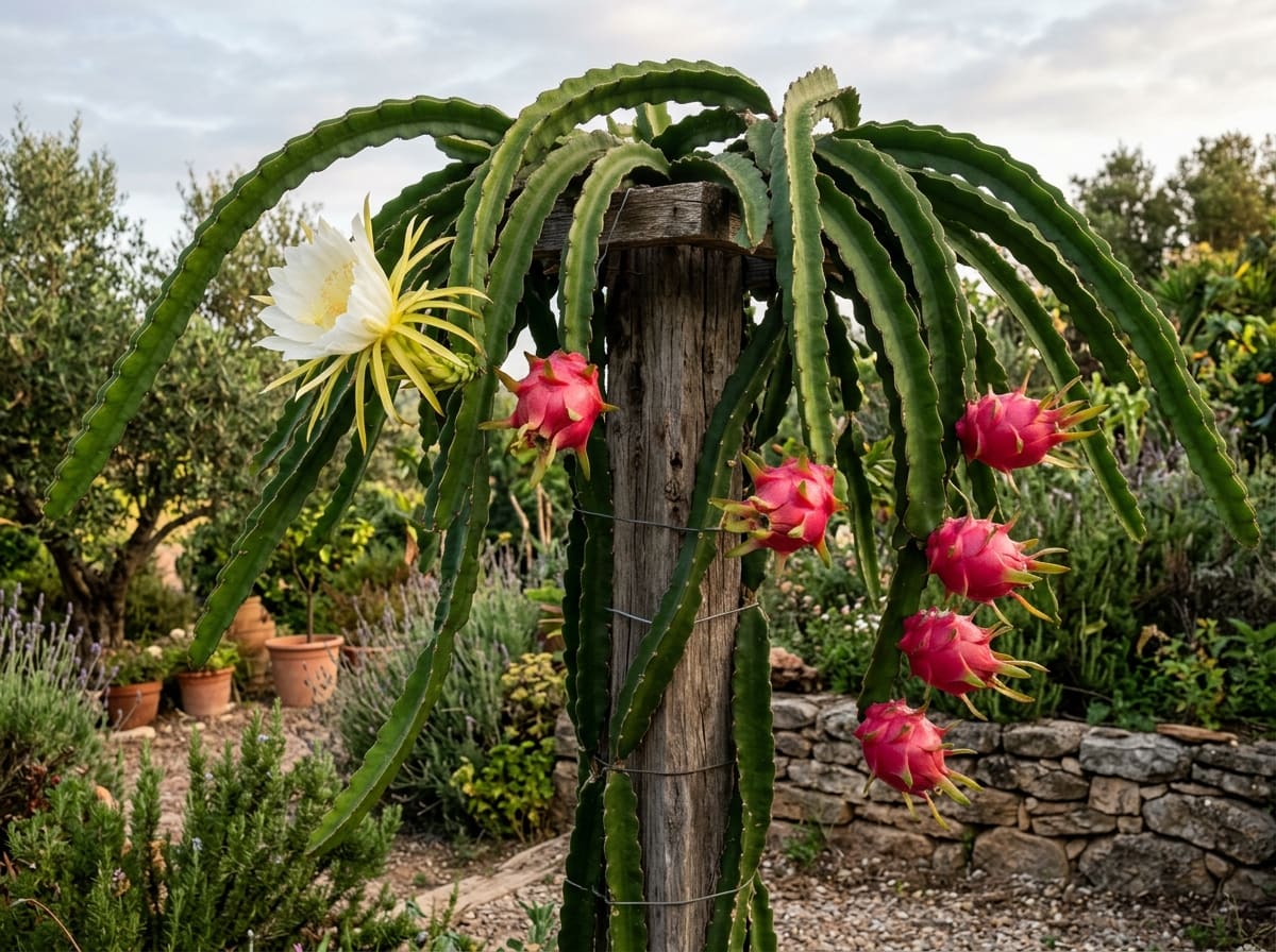 Climbing dragon fruit cactus on a post with a white flower and pink fruits, one halved