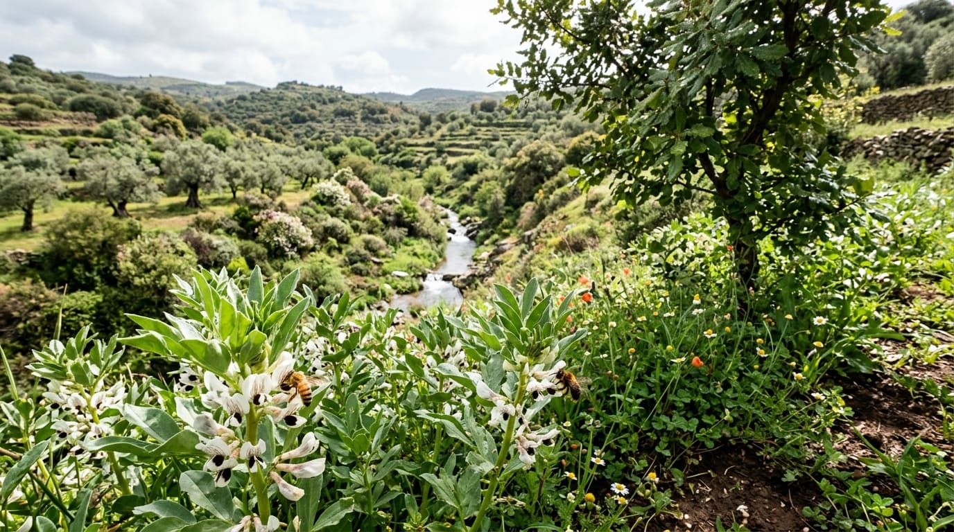 Api sui fiori di fava davanti a un pendio mediterraneo verde con ulivi, un giovane albero e un ruscello nella valle