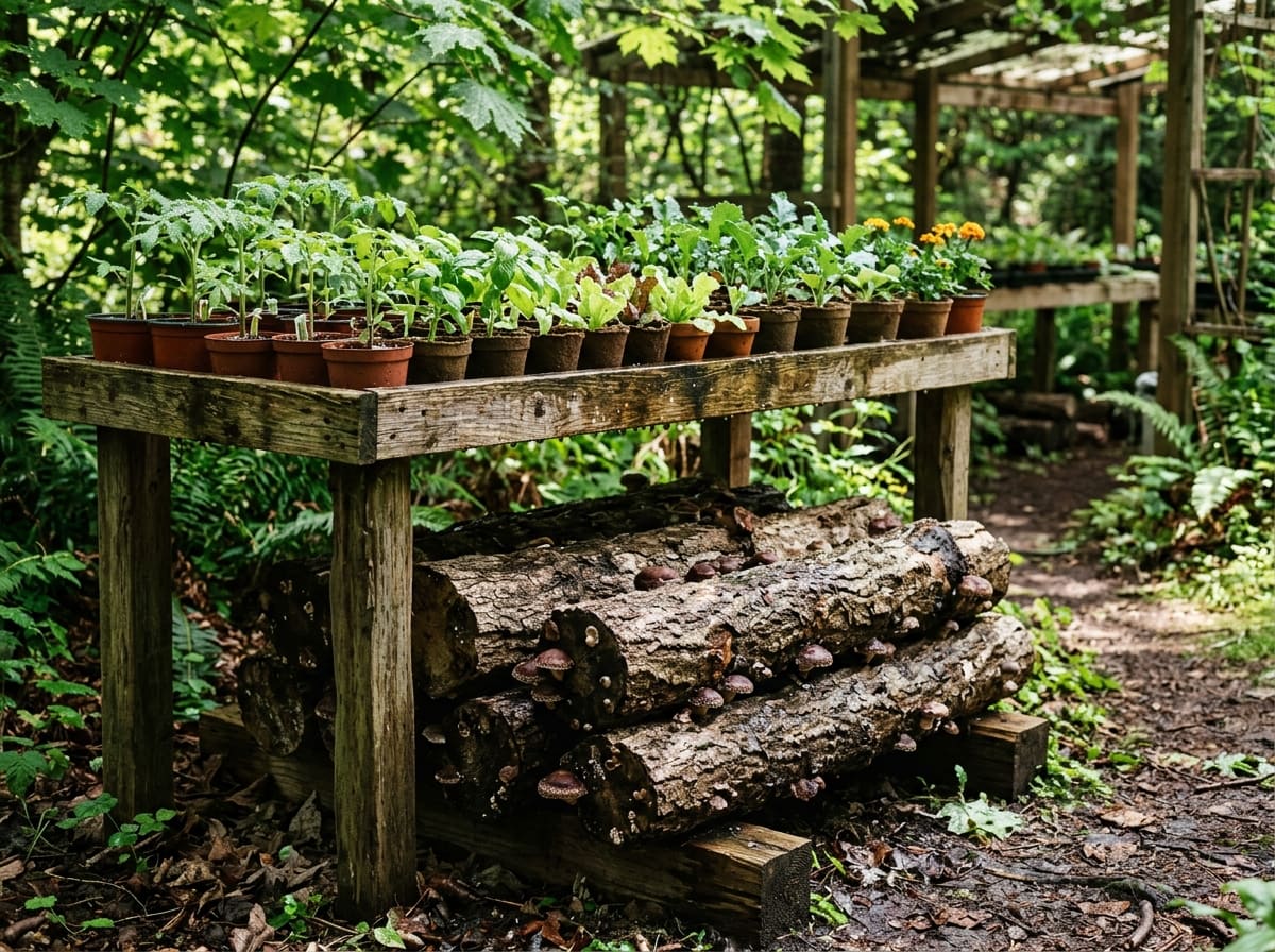Stacked shiitake logs in half shade beneath a nursery table full of young plants