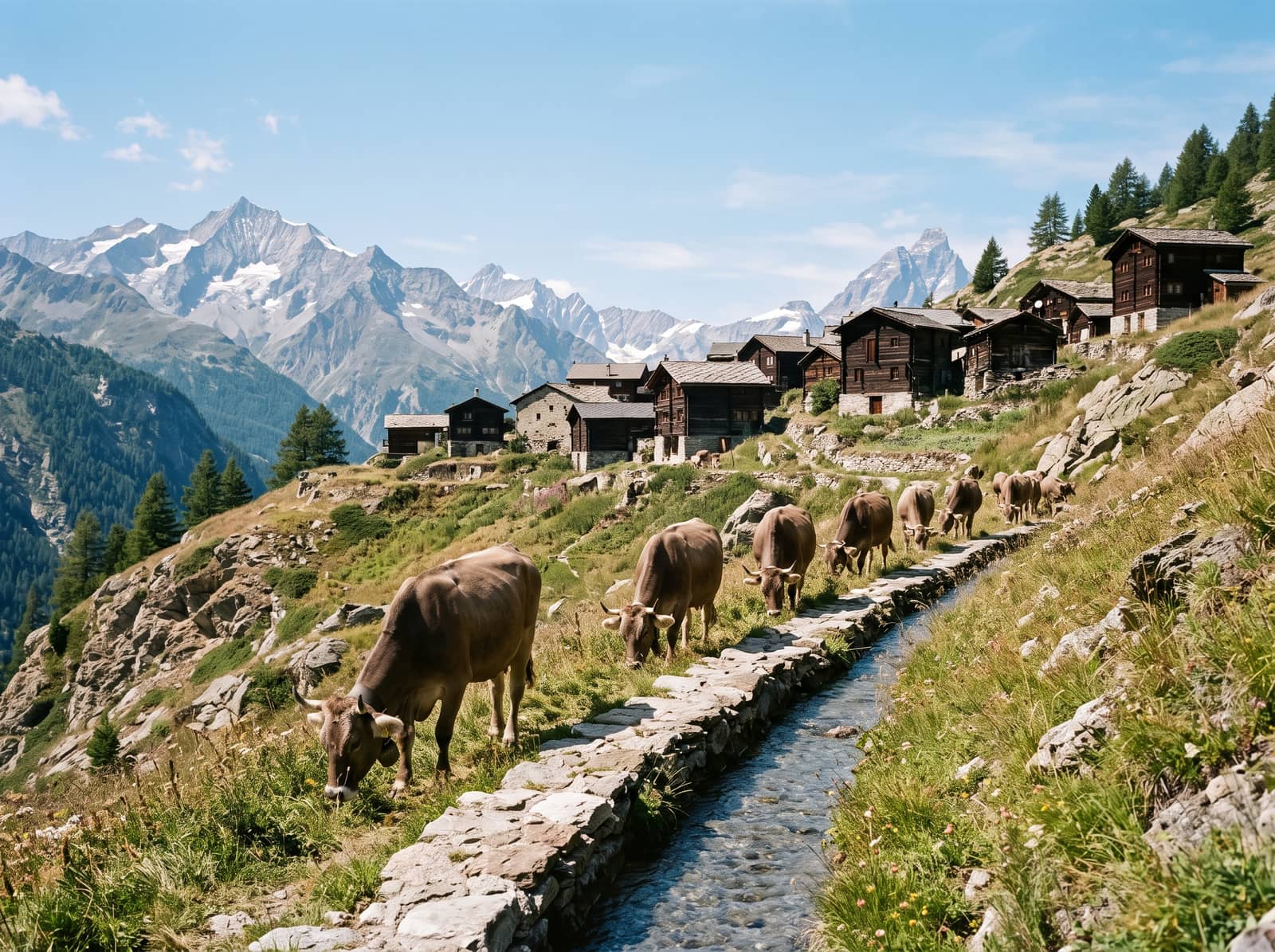 Un alto alpeggio del Vallese a fine estate, mucche brune al pascolo lungo un canale d'irrigazione bordato di pietre, sul pendio un villaggio di case scure in larice e dietro montagne innevate