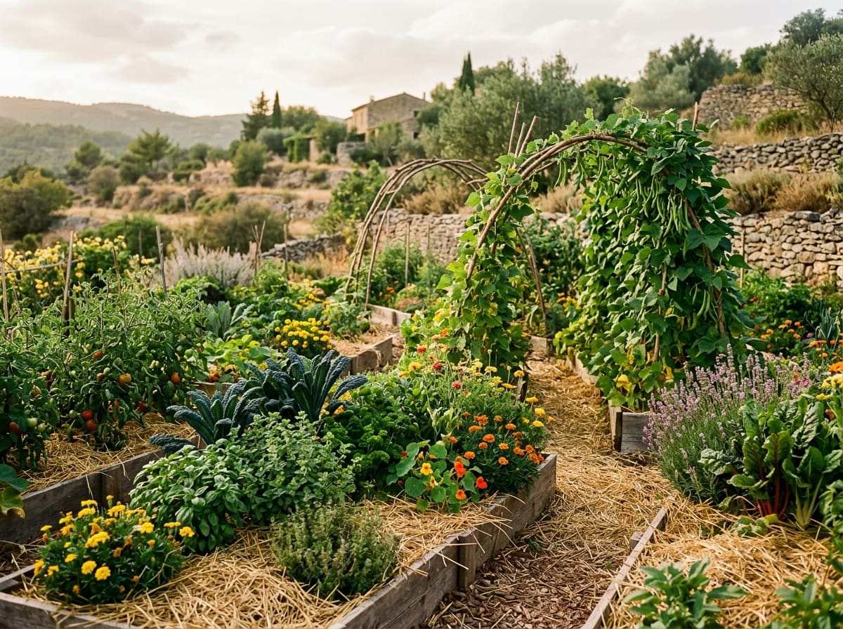 Permanent beds under straw mulch, densely planted with mixed vegetables