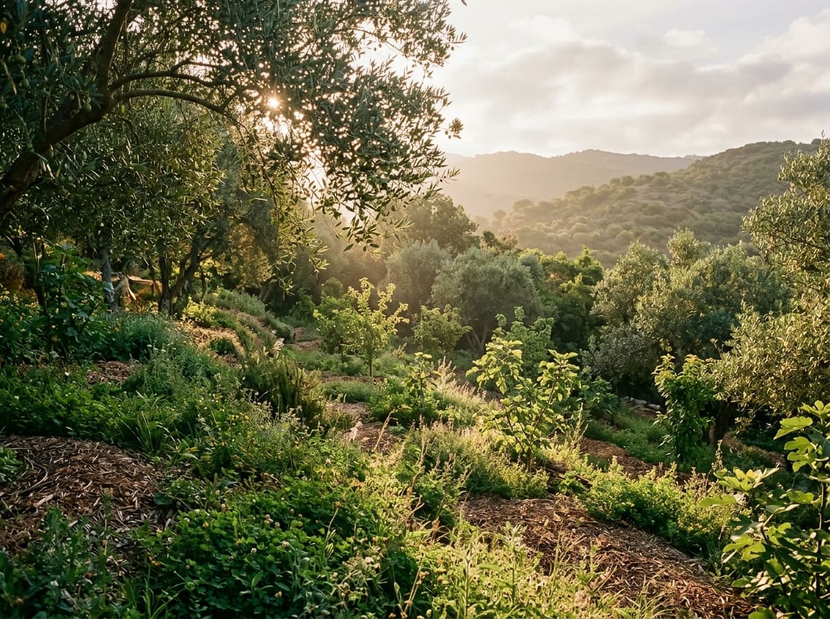 Morning sunlight falls through several layers of leaves onto covered ground on a Mediterranean slope