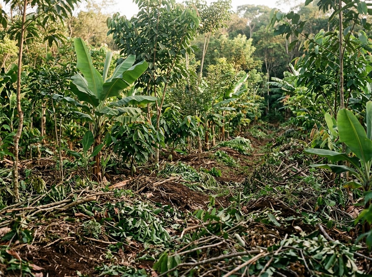 Dense syntropic planting rows with bananas and young trees, the ground covered with pruned branches and leaves