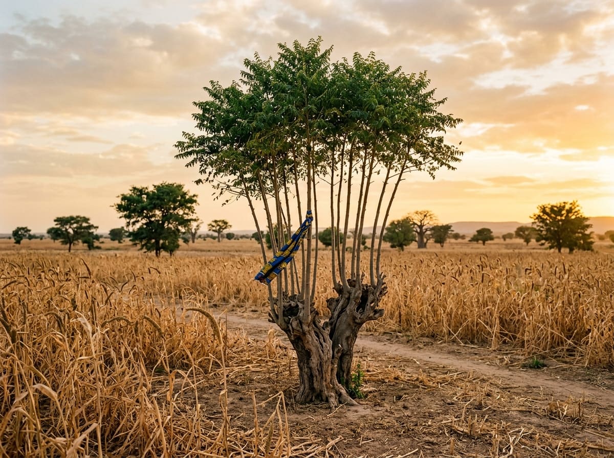 A dry millet field in evening light, slender young stems rising from an old living stump, one marked with a strip of cloth