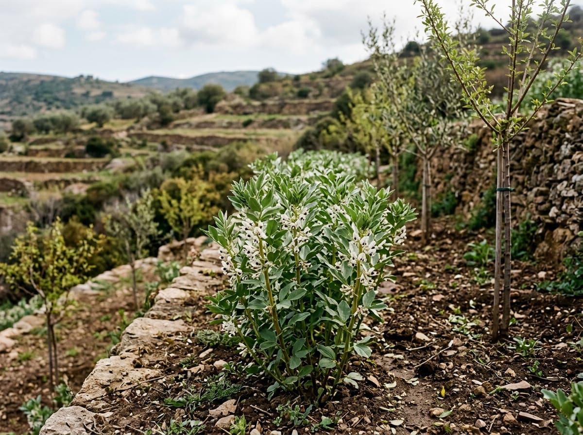 Flowering fava beans with white, black-spotted flowers between young trees on a terraced slope