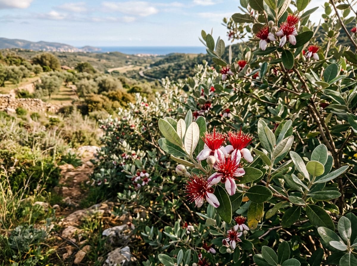Feijoa shrub in flower with white and purple petals and red stamens