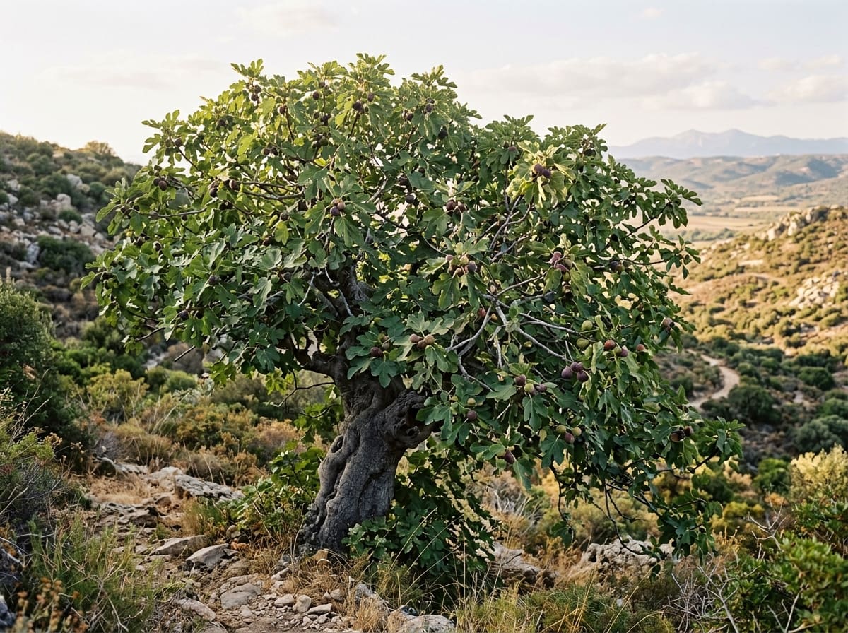 Old fig tree with large lobed leaves and ripening fruit on a sunny slope