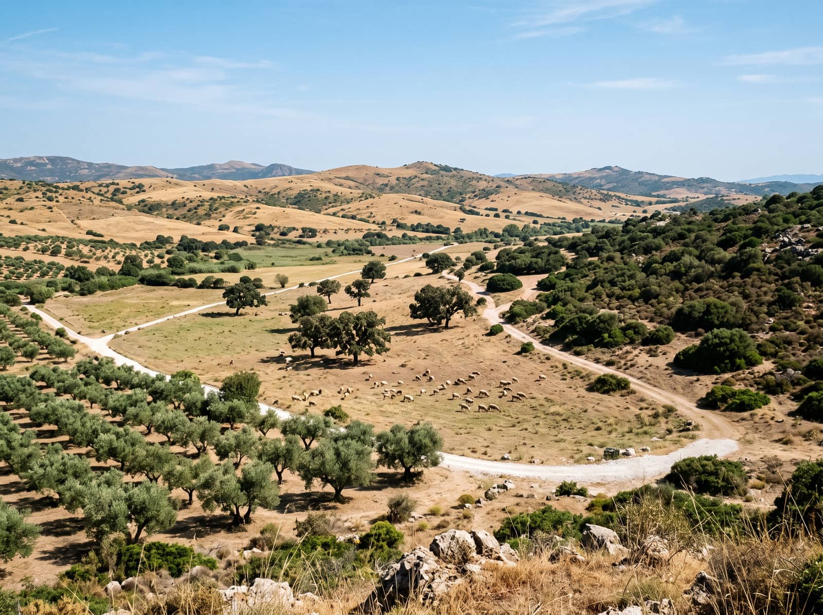 Veduta estiva su un paesaggio mediterraneo a mosaico: un oliveto, un pascolo con sughere e un gregge di pecore, piste di ghiaia chiara e isole separate di macchia verde scuro